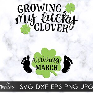Creciendo mi trébol de la suerte Llegando marzo archivo SVG para máquinas de corte Cricut, Silhouette Día de San Patricio Anuncio de embarazo SVG