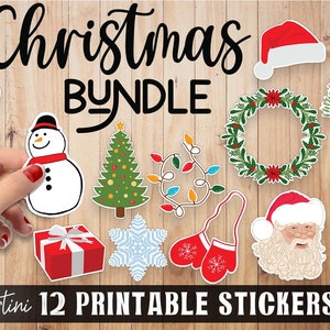 Christmas Stickers 12 Hand Drawn Printable Stickers PNG files Santa Claus Stickers Christmas Handmade Stickers Bundle Print Then Cut