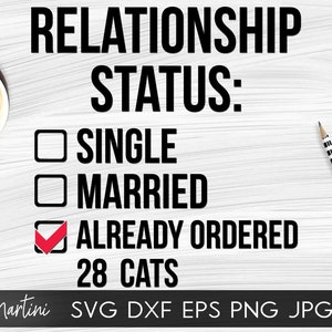 May include: A white background with a checklist that reads "Relationship Status:" with the options "Single", "Married", and "Already Ordered 28 Cats". The "Already Ordered 28 Cats" option is checked off.