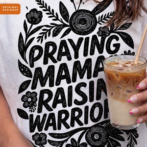 Praying Mamas Raising Warriors PNG: Linocut Christian Mom Sublimation Design (Digital Download) image 1
