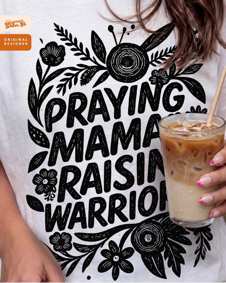 Praying Mamas Raising Warriors PNG: Linocut Christian Mom Sublimation Design (Digital Download) image 1
