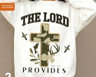 Le Seigneur fournit une croix camo PNG, un motif de sublimation de chasse chrétienne avec des cerfs et des poissons, un verset biblique sur la foi et le plein air, tendance png thumbnail