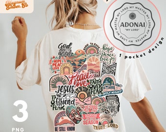 May include: A white t-shirt with a variety of colorful iron-on patches featuring religious and inspirational phrases. The patches include phrases like "God is good", "Peace Love", "Faith Over Fear", "Jesus is the Reason for the Season", and "Trust Lord".