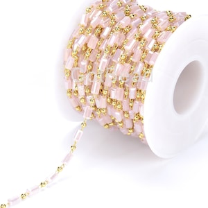 0,3 meter rosakvartskristallrörspärla fasetterad rektangulär pärlkedja, 14K guldpärlkedja, bulkkedja, 3 x 5 mm, CH024