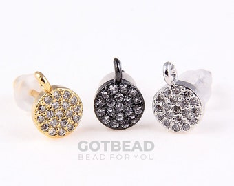 Brincos redondos brilhantes com disco pavimentado CZ com laço, brincos redondos de moeda CZ, brincos de zircônia cúbica, 9x7mm, ER006