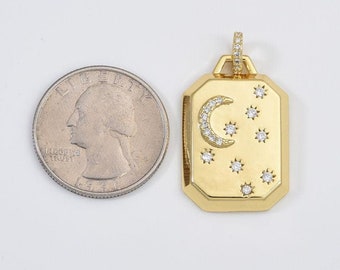Gold Filled Celestial Crescent Moon Star Tag Hanger CZ Micro Pave Charm Sieraden Maken Supply Ketting Armband 28 x 19 mm, CP1474