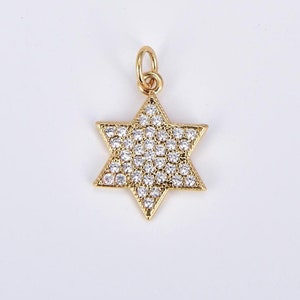 May include: A gold-toned pendant charm in the shape of a six-pointed star, also known as the Star of David, with a pave setting of clear cubic zirconia stones.