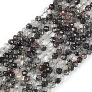 Black Rutilated Rutile Quartz Faceted Round Beads 3.5mm High Quality Black White Quartz Precious Gemstones 15.5&quot; Strand PRP261