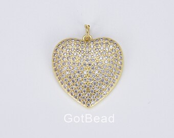 Dainty CZ Micro Pave Heart Pendant Charm, Cubic Zirconia Pave Heart Shape Charm, 18K Gold Filled  Heart Charm, 12x21mm, CP968