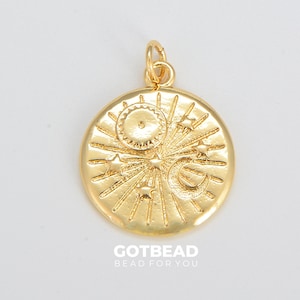 Dainty Gold Filled Celestial Charm, Round Sun Moon Stars Charm Pendant Celestial Medallion Charm for Necklace Bracelet, 23x18mm, CP1593