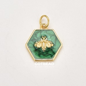Ciondolo ape in smalto verde, ciondolo ape regina esagonale riempito in oro, ciondolo insetto per collana, bracciale, componente per la creazione di gioielli, 18 x 14 mm, CP1831