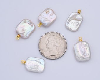 Natural Freshwater Pearl Charm, Gold Filled Rectangle Pearl Pendant, White Genuine Luster Square Baroque Freeform Pearl Charm Pendant CP2190
