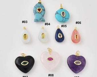 Gold Filled Gemstone Charm Pendant, Heart Fish Teardrop Round Stone Pendant, Natural Stone Jewelry Charm, DIY Necklace, Gift for Her, Lot030