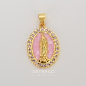 Pink Lady Guadalupe Charm, 24K Gold CZ Micro Pave Virgin Mary Pendant Charm, Charm, For DIY Jewelry Making, 22x15mm Gold Virgin Mary CP1156