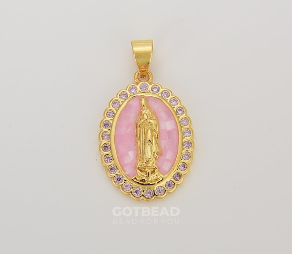 ピンク レディー グアダルーペ チャーム、24K ゴールド CZ