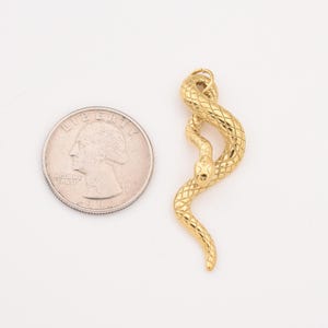Könnte beinhalten: Ein goldfarbener Schlangenanhänger mit einem strukturierten, schuppenartigen Muster. Der Anhänger ist in einer serpentinenartigen Form gewunden, mit einer kleinen Schlaufe oben zum Aufhängen. Eine Münze liegt daneben zum Größenvergleich.