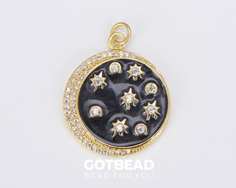 Black Enamel Celestial Medallion Charm, Starburst Moon Charm, 18K Gold Filled  Sky Galaxy Charm Jewelry Making Supply, 33x23mm, CP1514