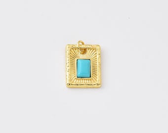 Gold Filled Turquoise Charm, Blue Cabochon Rectangle Pendant, Geometric Sunburst Charm for Bracelet Necklace, Jewelry Making Supply, CP2538