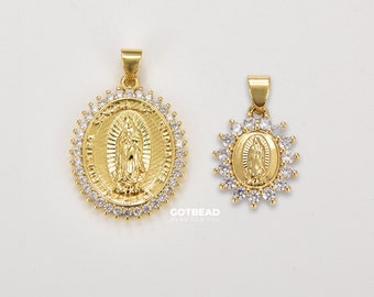 Dainty 14k Gold Filled  Virgin Mary Pendant Necklace Micro Pave Virgen de Guadalupe Medallion for Religious Jewelry 16x13mm, 25x20mm, CP1264