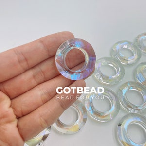 Faceted Crystal-Clear Czech Glass Donut Shaped Beads, Aurora Borealis Finish, Ring, Circle, O Rings Set of 6,  COBD126