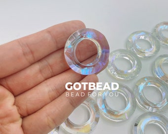 Faceted Crystal-Clear Czech Glass Donut Shaped Beads, Aurora Borealis Finish, Ring, Circle, O Rings Set of 6,  COBD126