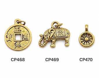 Gold Plated Charm Pendants, I Ching Lucky Coin, Elephant & Wheel Charms, Asian Symbol Pendants, Jewelry Findings, DIY Supplies, Lot042