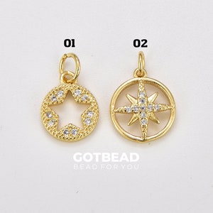 North Star Medallion Charm, Gold Filled CZ Star Pendant, Celestial Charm Pendant for Necklace Bracelet Jewelry Making Supply, CP1873