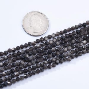 AAA Natural Silver Obsidian Gemstone Bead 4mm Round Bead, Gorgeous Black Silver Faceted Bead, Excellent Quality Full Strand 15.5 PRP1025