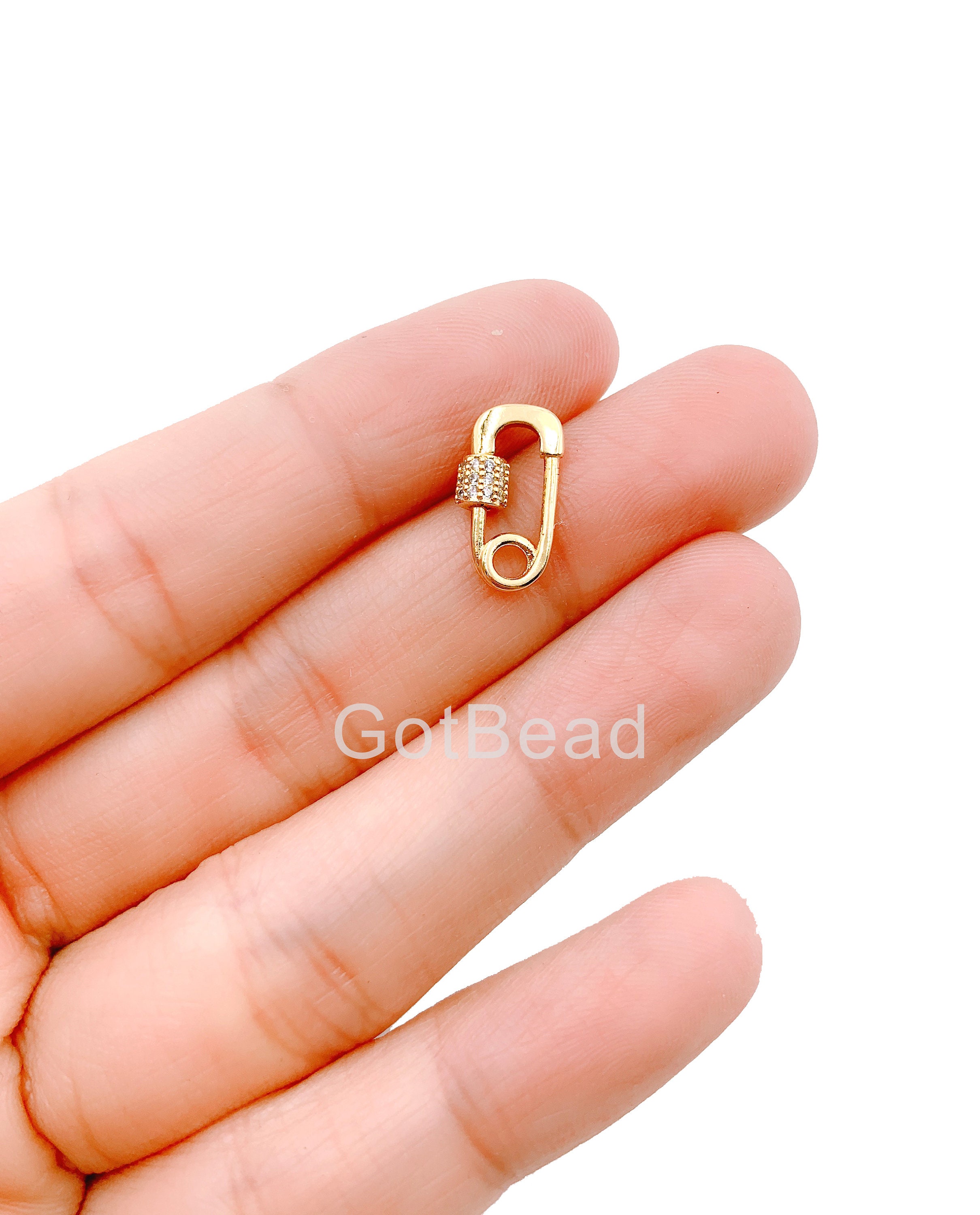 Mini Safety Pin CZ Micro Pave Carabiner Screw Clasp, 22k Gold