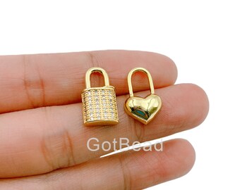 14K Gold Filled  Micro Pave Heart Lock Pendant, Padlock Charm, Cubic Padlock Charms Lock Bracelet Necklace Earring Charms, 18x10mm, CP1288