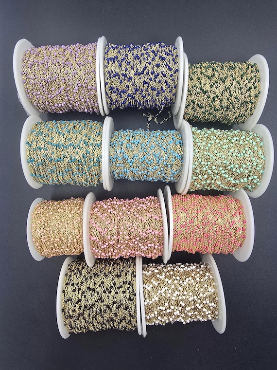 Enamel Ball Chain, Satellite Bead Cable Chain Pink Blue White Multi Color Wholesale Bulk Chain on Spool,  Gold Filled Link Cable Chain