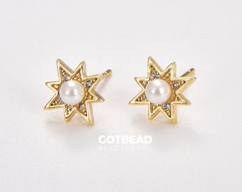 1 pair Starburst Pearl Stud Earrings, Gold Filled CZ Star Earrings, Dainty North Star Earrings, Minimalist Earrings, Gift for Woman, ER230
