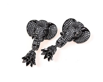 May include: A pair of black elephant-shaped earrings with dangling flower-shaped charms. The earrings are covered in sparkling rhinestones.