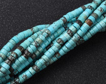 May include: Close-up of strands of turquoise-colored beads. The beads are small, cylindrical, and have a slightly irregular shape. Some beads have dark brown or gray inclusions, adding visual interest. The beads are strung together, creating a textured surface.