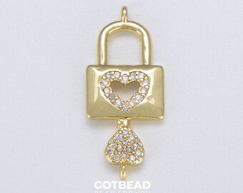 Connettore con lucchetto e chiave a forma di cuore riempito d'oro, ciondolo con lucchetto e chiave in micro pavé di zirconi cubici, ciondolo per collana per la creazione di gioielli, CN402