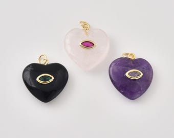 Gold Filled Heart Gemstone Charm, Black Onyx Emerald CZ, Rose Quartz Ruby CZ, Amethyst CZ Pendant diy Jewelry, Gift for Her, CP2490