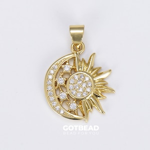 Ciondolo a forma di sole e luna riempito in oro 18 carati, micro pavé, sole splendente, luna crescente, ciondolo a forma di raggio di sole per collana e orecchini, 22 x 17 mm, CP1584