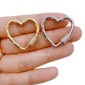 Gold   Heart Carabiner Clasp, Gold  CZ Screw Clasp Micro Pave Heart with Screw On Mechanism, Carabiner Clasp, 30x30mm, CL446