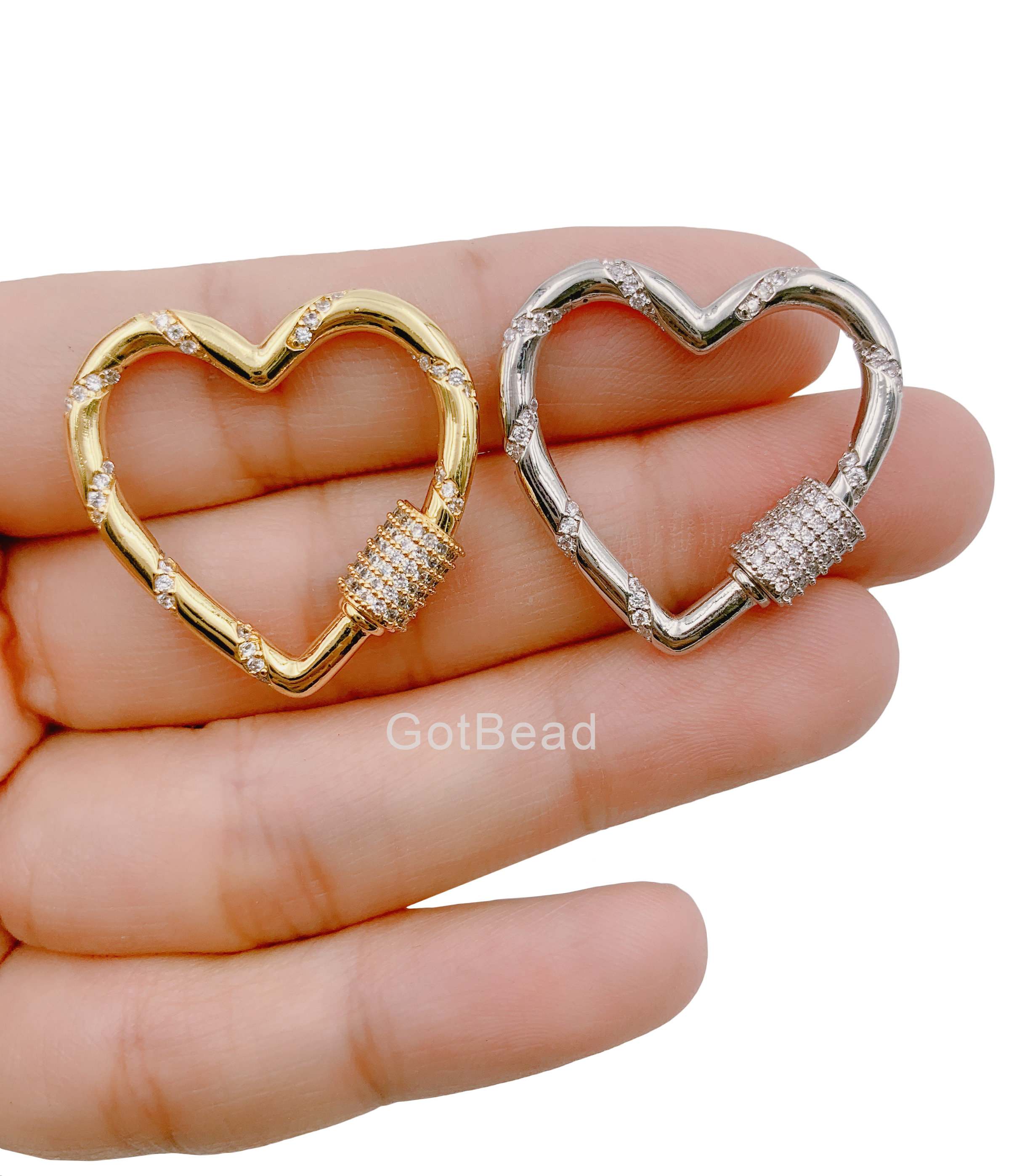 Gold Heart Carabiner Clasp, Gold CZ Screw Clasp Micro Pave Heart