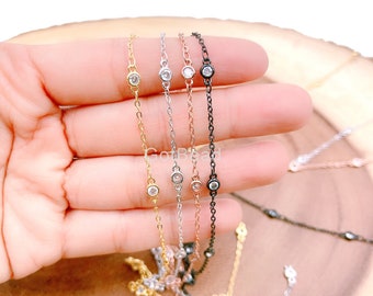 14k Gold Chain Round CZ Chain by Foot, Bulk Chain By Foot Cubic Chains, Tiny CZ Chains Ideal for Lariat Necklace Long Necklace, CH002