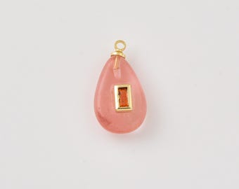Gold Filled Strawberry Quartz Teardrop Charm with Orange CZ, Pink Gemstone Pendant, Crystal Necklace Charm for DIY Jewelry Making, CP2492