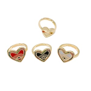 Enamel Heart with Evil Eye Adjustable Ring, 14K Gold  Colored CZ Micro Pave Heart Ring,Heart Ring, Cubic Zirconia, 16x14mm, RG005
