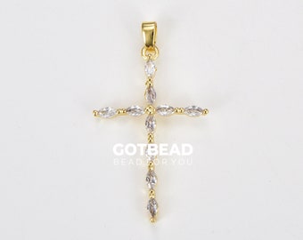 Dainty Cross Charm, Gold Filled CZ Micro Pave Cross Pendant, Cross Charm for Necklace Bracelet Rosary Jewelry Making Supply, 36x21mm, CP1821