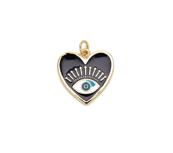 18K Gold Filled Black Heart Evil Eye Charm, Black Enamel Heart