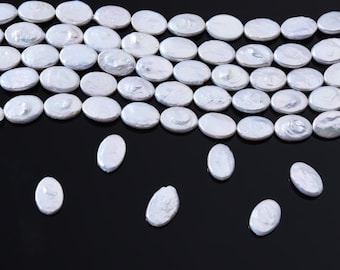 White Oval Freshwater Pearls, 7A Quality White Coin Pearl, Flat Ova Pearl  Beads, Full Strand 7x14mm FWP013