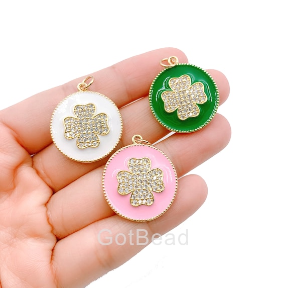 14K Gold Filled  Enamel Four Leaf Clover Good Luck Charm Cubic Zirconia Clover Jewelry 28x24mm CP851