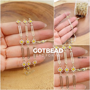 Daisy Flower Enamel Chain by Yard, Gold Filled Elongated Unique Paperclip Chain by Foot, Wholesale Bulk Roll Chain for Jewelry Making, CH312