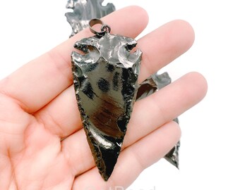 Black Rhodium Arrowhead Charm Pendant, Large Clear Natural Crystal Quartz Black Gunmetal Arrowhead, Approx. 60-70mm, COBD084-A702