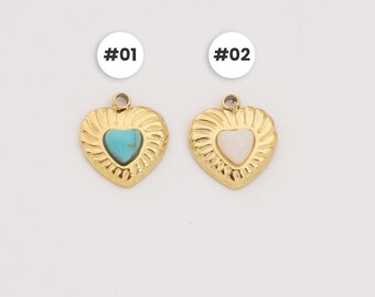 Charm coeur rempli d'or avec pierre turquoise et blanche, pendentif coeur en acier inoxydable pour la fabrication de bijoux DIY, breloque cadeau mignon pour elle, SCP102