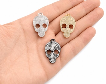 Gold Filled Skull Pendant, CZ Crystal Skull Charm, Pave Skull Necklace Pendant, Halloween Jewelry Charm, Gothic Jewelry Finding, CP452